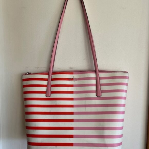 KATE SPADE New York Zina Red Pink White Stripe Large Coated Canvas Tote … - Picture 7 of 17